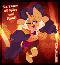 Size: 3600x3900 | Tagged: safe, artist:snakeythingy, imported from derpibooru, saffron masala, pony, unicorn, anniversary, bipedal, dancer, female, gradient background, high res, mare, one eye closed, open mouth, open smile, signature, smiling, wink