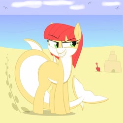 Size: 3000x3000 | Tagged: safe, artist:bestponies, imported from derpibooru, oc, oc only, oc:vicious waves, monster pony, original species, pony, shark, shark pony, beach, evil grin, female, grin, ocean, sandcastle, shark grin, shark teeth, smiling, solo, water