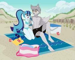 Size: 4062x3243 | Tagged: safe, artist:rileyav, imported from derpibooru, sonata dusk, oc, anthro, plantigrade anthro, raccoon, wolf, equestria girls, anthrofied, beach, beach blanket, bikini, breasts, canon x furry, canon x oc, chips, cleavage, clothes, cooler, female, food, furry, furry oc, looking at each other, looking at someone, male, potato chips, shipping, soda can, straight, swimming trunks, swimsuit