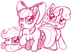 Size: 1000x727 | Tagged: safe, artist:pusspuss, imported from derpibooru, apple bloom, scootaloo, sweetie belle, earth pony, pegasus, pony, unicorn, butt, cutie mark crusaders, female, filly, foal, plot