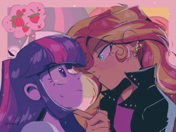 Size: 2048x1536 | Tagged: safe, artist:dreamz, imported from derpibooru, sunset shimmer, twilight sparkle, human, equestria girls, equestria girls (movie), clothes, duo, ear piercing, earring, female, food, hand on chin, jacket, jewelry, leather jacket, looking at each other, looking at someone, piercing, scene interpretation, shirt, strawberry, sweat, sweatdrop, t-shirt