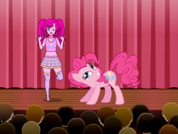 Size: 800x600 | Tagged: safe, artist:darkcrow67, imported from derpibooru, pinkie pie, earth pony, human, pony, equestria girls, audience, clothes, duo focus, human ponidox, kisekae, self paradox, self ponidox, shirt, shoes, skirt, socks, t-shirt