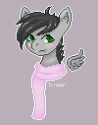 Size: 1000x1270 | Tagged: safe, artist:timser, imported from derpibooru, oc, oc only, oc:dante fly, hybrid, pony, vampire, blushing, clothes, half bat pony, pixel art, scarf, simple background, smiling, solo