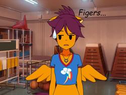 Size: 800x600 | Tagged: safe, artist:kisekaejade, imported from derpibooru, scootaloo, anthro, basketball, clothes, cutie mark clothing, floppy ears, gym, gymnastics, human facial structure, jewelry, kisekae, misspelling, necklace, older, older scootaloo, rainbow dash's cutie mark, shirt, solo, sports, sweat, sweatdrop, t-shirt, wings