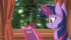 Size: 1920x1080 | Tagged: safe, artist:kaylerustone, imported from derpibooru, twilight sparkle, pony, absurd file size, animated, anime, blinking, book, bust, cute, female, gif, glowing, glowing horn, horn, levitation, looking out the window, loop, magic, mare, perfect loop, portrait, reading, scenery, smiling, solo, telekinesis, train, twiabetes