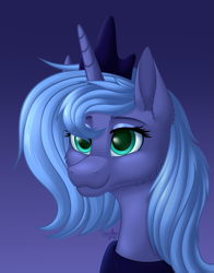 Size: 1203x1538 | Tagged: safe, artist:starshade, imported from derpibooru, princess luna, alicorn, pony, bust, crown, cute, eye clipping through hair, eyebrows, eyebrows visible through hair, eyeshadow, female, gradient background, jewelry, lidded eyes, lunabetes, makeup, mare, peytral, portrait, regalia, s1 luna, signature, smiling, solo