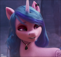 Size: 2308x2144 | Tagged: safe, artist:vice common, edit, edited screencap, imported from derpibooru, screencap, izzy moonbow, pony, unicorn, spoiler:my little pony: a new generation, collar, ear piercing, earring, eyeshadow, female, g5, goth, goth izzy, jewelry, makeup, my little pony: a new generation, nose piercing, piercing, solo