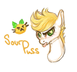 Size: 729x688 | Tagged: safe, artist:hippykat13, artist:sabokat, imported from derpibooru, oc, oc only, oc:sourpuss, cat, pony, :c, :p, >:c, angry, food, frown, fruit cat, lemon, scowl, short hair, sketch, tongue out