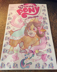 Size: 1024x1280 | Tagged: safe, artist:marybellamy, imported from derpibooru, princess celestia, yona, alicorn, yak, bow, cloven hooves, comic cover, commission, female, hair bow, monkey swings, photo, princess