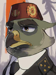 Size: 676x910 | Tagged: safe, artist:cadillac-dynamite, imported from derpibooru, oc, oc only, oc:gerhard bluhm, griffon, equestria at war mod, bust, clothes, cockade, fez, forest background, griffon oc, hat, military uniform, portrait, solo, suit, uniform