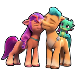 Size: 400x400 | Tagged: safe, edit, edited screencap, imported from derpibooru, screencap, hitch trailblazer, sunny starscout, dragon, earth pony, pony, spoiler:g5, spoiler:my little pony: make your mark, baby, baby dragon, background removed, cute, eyes closed, female, g5, hitchbetes, horses doing horse things, let's make our mark together, male, my little pony: make your mark, my little pony: make your mark chapter 1, nuzzling, papa hitch, shipping fuel, simple background, sparky sparkeroni, sparkybetes, stallion, sunnybetes, transparent background