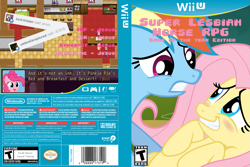 Size: 1093x731 | Tagged: safe, imported from derpibooru, fluttershy, pinkie pie, rainbow dash, twilight sparkle, alicorn, earth pony, pegasus, pony, super lesbian horse rpg, blushing, book, controller, counter, cover art, dialogue, esrb, female, flutterdash, game, lesbian, lying down, mare, nintendo, on back, rating, rpg, shipping, smiley face, smiling, stool, text, twilight sparkle (alicorn), warning sign, wii remote, wii u