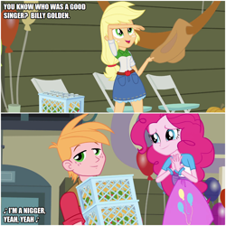 Size: 1000x1000 | Tagged: safe, artist:thor-disciple, imported from derpibooru, screencap, applejack, big macintosh, pinkie pie, human, equestria girls, billy golden, caption, image macro, racism, text, vulgar