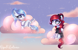 Size: 2736x1752 | Tagged: safe, artist:opal_radiance, imported from derpibooru, oc, oc only, oc:erika blomenfield, oc:opal rosamond, pegasus, pony, black, blue eyes, blue hair, calm, clothes, cloud, cotton candy, cute, dress, duo, friends, on a cloud, pink, red hair, silver eyes, sky, white