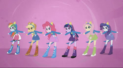 Size: 828x462 | Tagged: safe, imported from twibooru, applejack, fluttershy, pinkie pie, rainbow dash, rarity, sci-twi, twilight sparkle, equestria girls, boots, clothes, cowboy boots, high heel boots, humane five, humane six, image, needs more jpeg, shoes, solo