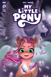 Size: 2063x3131 | Tagged: safe, idw, imported from derpibooru, sunny starscout, twilight sparkle, alicorn, earth pony, pony, the last problem, spoiler:comic, spoiler:g5comic, spoiler:g5comic06, comic cover, feather, female, g5, mare, my little pony logo, my little pony: a new generation, official, older, older twilight, princess twilight 2.0, text, twilight sparkle (alicorn)