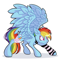 Size: 1024x1014 | Tagged: safe, artist:dreamy-kitty, edit, editor:edits of hate, imported from twibooru, rainbow dash, pegasus, pony, alternate hairstyle, bandage, collar, female, image, mare, needs more jpeg, simple background, solo, spiked collar, spread wings, white background, wings