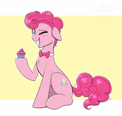 Size: 4096x3897 | Tagged: safe, artist:confetticakez, edit, editor:edits of hate, imported from twibooru, pinkie pie, earth pony, pony, blushing, bowtie, bubble berry, cupcake, food, image, looking at you, needs more jpeg, one eye closed, rule 63, simple background, smiling, solo, wink, winking at you