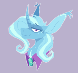 Size: 898x838 | Tagged: safe, artist:rockin_candies, edit, editor:edits of hate, imported from twibooru, trixie, pony, unicorn, bust, cape, clothes, coat markings, curved horn, ear tufts, female, horn, image, looking at you, mare, png, smiling, solo, trixie's cape