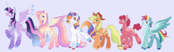 Size: 4113x1233 | Tagged: safe, artist:polymercorgi, edit, imported from twibooru, applejack, fluttershy, pinkie pie, rainbow dash, rarity, twilight sparkle, alicorn, earth pony, pegasus, pony, unicorn, alternate design, alternate hairstyle, coat markings, female, females only, image, mane six, mare, piercing, png, redesign, simple background