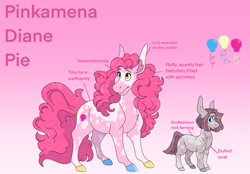 Size: 2327x1620 | Tagged: safe, artist:angstyram, edit, imported from twibooru, pinkie pie, earth pony, pony, alternate design, coat markings, colored hooves, curly hair, ear fluff, female, filly, filly pinkie pie, gradient background, heterochromia, image, mare, png, solo, younger