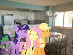 Size: 1032x774 | Tagged: safe, edit, editor:undeadponysoldier, imported from ponybooru, photographer:undeadponysoldier, applejack, fluttershy, spike, twilight sparkle, dragon, earth pony, pegasus, pony, unicorn, best friends, chair, condo, cute, dining room, dining table, happy, hotel, hotel room, irl, jackabetes, kitchen, myrtle beach, photo, ponies in real life, shyabetes, smiling, spikabetes, twiabetes, unicorn twilight, vacation