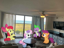 Size: 1032x774 | Tagged: safe, edit, editor:undeadponysoldier, imported from ponybooru, photographer:undeadponysoldier, apple bloom, scootaloo, spike, sweetie belle, dragon, earth pony, pegasus, pony, unicorn, balcony, best friends, ceiling fan, chair, condo, couch, cutie mark crusaders, edited photo, female, filly, flatscreen, foal, hanging out, happy, hotel, hotel room, irl, male, photo, ponies in real life, relaxed, relaxing, roku, sitting, table, television, vacation