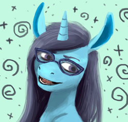 Size: 1021x978 | Tagged: safe, artist:necromarecy, imported from derpibooru, oc, oc only, pony, unicorn, abstract background, bust, glasses, portrait, smiling, solo