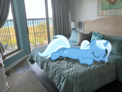 Size: 1032x774 | Tagged: safe, edit, editor:undeadponysoldier, imported from ponybooru, photographer:undeadponysoldier, trixie, pony, unicorn, balcony, beach, bed, bedroom, edited photo, female, hotel, hotel room, irl, lying down, mare, myrtle beach, photo, pillow, ponies in real life, ponytail, sleeping, solo, vacation