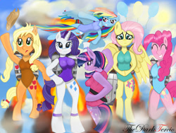 Size: 1280x960 | Tagged: safe, artist:thedarktercio, imported from derpibooru, applejack, fluttershy, pinkie pie, rainbow dash, rarity, twilight sparkle, semi-anthro, clothes, fire, flying, jetpack, leotard, mane six, sky