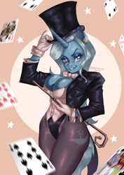 Size: 1754x2480 | Tagged: safe, artist:nire, imported from derpibooru, trixie, anthro, unicorn, ambiguous facial structure, bowtie, breasts, busty trixie, cane, card, cleavage, clothes, corset, dc comics, ear piercing, earring, ears, female, gloves, hat, horn, jewelry, leotard, looking at you, magic, magician outfit, pantyhose, piercing, smiling, solo, suit, tail, top hat, zatanna