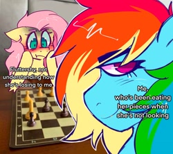 Size: 2048x1820 | Tagged: safe, artist:yumkandie, imported from derpibooru, fluttershy, rainbow dash, pegasus, pony, board game, cheating, chess, chess piece, chessboard, duo, meme, ponified meme, rainbow dumb, this will end in choking