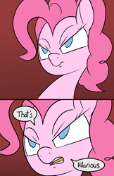 Size: 1080x1670 | Tagged: safe, artist:happy harvey, imported from derpibooru, pinkie pie, earth pony, pony, 2 panel comic, colored pupils, comic, dialogue, drawthread, female, hilarious, mare, phone drawing, ponified, reaction image, sarcasm, serious, serious face, solo, unamused
