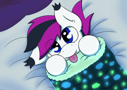 Size: 4092x2893 | Tagged: safe, artist:monycaalot, imported from derpibooru, oc, oc only, oc:lance, bat pony, bat pony oc, bed, blanket, blanket burrito, blue eyes, cloud, commission, cute, fangs, male, one ear down, simple background, solo, stars, tongue out