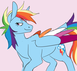 Size: 1280x1172 | Tagged: safe, artist:spartalabouche, imported from derpibooru, rainbow dash, pegasus, pony, colored wings, faic, female, headcanon, lesbian pride flag, lgbt headcanon, multicolored wings, pink background, pride, pride flag, sexuality headcanon, simple background, smiling, smug, smugdash, solo, wings