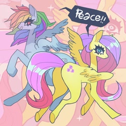 Size: 850x850 | Tagged: safe, artist:batthsalts, imported from derpibooru, fluttershy, rainbow dash, pegasus, pony, butt, dialogue, duo, grin, looking at you, plot, smiling, spread wings, wings, zoom layer