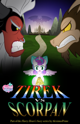 Size: 3300x5102 | Tagged: safe, artist:aleximusprime, imported from derpibooru, lord tirek, princess flurry heart, scorpan, alicorn, centaur, gargoyle, pony, taur, fanfic:tirek vs scorpan, flurry heart's story, beard, bow, facial hair, fanfic art, goatee, grass, gritted teeth, horns, jewelry, king scorpan, midnight kingdom, mountain, necklace, nose piercing, nose ring, path, piercing, poster, scorpan's necklace, silhouette, slit pupils, stare down, sunset, teeth, title card