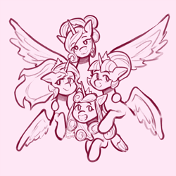 Size: 2048x2048 | Tagged: safe, artist:scribleydoodles, imported from derpibooru, princess cadance, princess flurry heart, sunset shimmer, twilight sparkle, alicorn, pony, alicornified, crown, female, group shot, jewelry, mare, monochrome, older, older flurry heart, race swap, regalia, shimmercorn, signature, smiling, spread wings, twilight sparkle (alicorn), wings