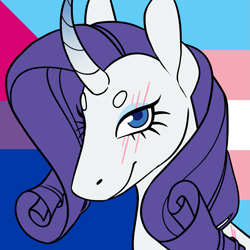 Size: 1157x1157 | Tagged: safe, artist:spartalabouche, imported from derpibooru, part of a set, rarity, pony, unicorn, beanbrows, bisexual pride flag, bust, curved horn, eyebrows, female, gradient horn, horn, pride, pride flag, scar, smiling, solo, transgender pride flag