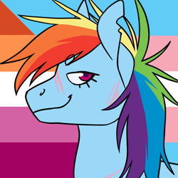 Size: 1157x1157 | Tagged: safe, artist:spartalabouche, imported from derpibooru, part of a set, rainbow dash, pegasus, pony, beanbrows, bust, eyebrows, female, lesbian pride flag, pride, pride flag, scar, smiling, solo, torn ear, transgender pride flag