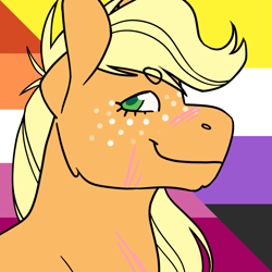 Size: 1157x1157 | Tagged: safe, artist:spartalabouche, imported from derpibooru, part of a set, applejack, earth pony, pony, beanbrows, bust, eyebrows, female, lesbian pride flag, nonbinary pride flag, pride, pride flag, scar, smiling, solo