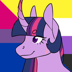 Size: 1157x1157 | Tagged: safe, artist:spartalabouche, imported from derpibooru, part of a set, twilight sparkle, pony, unicorn, beanbrows, bisexual pride flag, bust, chipped horn, curved horn, eyebrows, female, gradient horn, horn, nonbinary pride flag, pride, pride flag, scar, smiling, solo