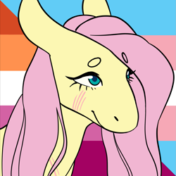 Size: 1157x1157 | Tagged: safe, artist:spartalabouche, imported from derpibooru, part of a set, fluttershy, pegasus, pony, beanbrows, bust, eyebrows, female, lesbian pride flag, pride, pride flag, scar, solo, transgender pride flag