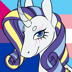 Size: 1157x1157 | Tagged: safe, alternate version, artist:spartalabouche, imported from derpibooru, part of a set, rarity, pony, unicorn, beanbrows, bisexual pride flag, bust, curved horn, eyebrows, female, gradient horn, horn, pride, pride flag, rainbow power, scar, smiling, solo, transgender pride flag