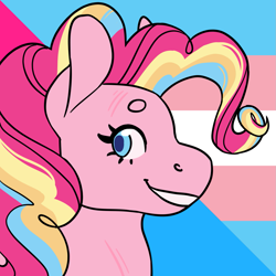Size: 1157x1157 | Tagged: safe, alternate version, artist:spartalabouche, imported from derpibooru, part of a set, pinkie pie, earth pony, pony, beanbrows, bust, eyebrows, female, pansexual pride flag, pride, pride flag, rainbow power, scar, smiling, solo, transgender pride flag