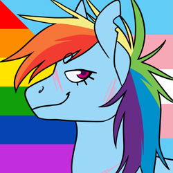 Size: 1157x1157 | Tagged: safe, alternate version, artist:spartalabouche, imported from derpibooru, part of a set, rainbow dash, pegasus, pony, beanbrows, bust, eyebrows, female, gay pride flag, pride, pride flag, rainbow power, scar, smiling, solo, torn ear, transgender pride flag