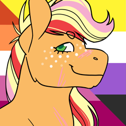 Size: 1157x1157 | Tagged: safe, alternate version, artist:spartalabouche, imported from derpibooru, part of a set, applejack, earth pony, pony, beanbrows, bust, eyebrows, female, lesbian pride flag, nonbinary pride flag, pride, pride flag, rainbow power, scar, smiling, solo