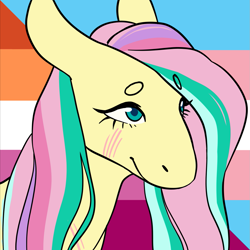 Size: 1157x1157 | Tagged: safe, alternate version, artist:spartalabouche, imported from derpibooru, part of a set, fluttershy, pegasus, pony, beanbrows, bust, eyebrows, female, lesbian pride flag, pride, pride flag, rainbow power, scar, solo, transgender pride flag