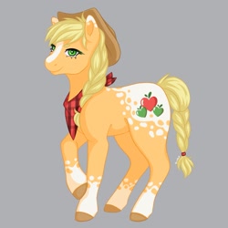 Size: 1773x1773 | Tagged: safe, artist:bunistxr, imported from derpibooru, applejack, earth pony, pony, appaloosa, applejack's hat, braided ponytail, braided tail, coat markings, cowboy hat, female, gray background, hat, mare, neckerchief, redesign, simple background, smiling, solo, tail