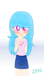 Size: 684x1169 | Tagged: safe, artist:zozeyrony16, imported from derpibooru, human, equestria girls, blushing, clothes, crossover, female, friday night funkin', shirt, skirt, sky (friday night funkin'), solo, text